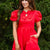 Bow Accented Red Puff Sleeve Dress