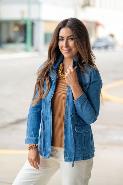 Denim Cinched Waist Utility Jacket