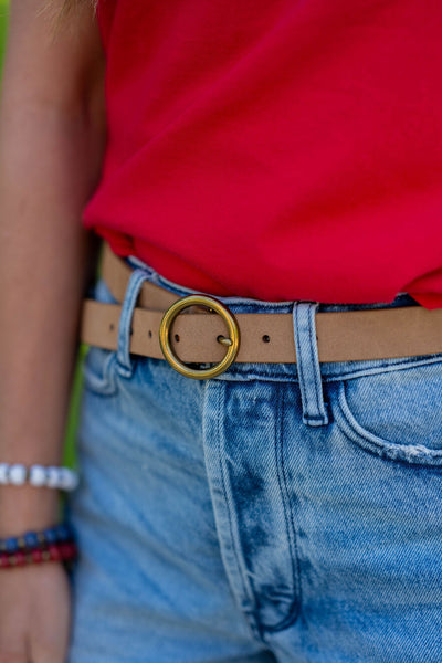 Basic Brass Ring Leather Belt - Camel Suede